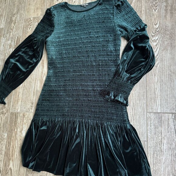 Gianni Bini Tally‎ Dress Womens XL Dark Green Velvet Smocked Ruffle Hem Sheath - Picture 7 of 8